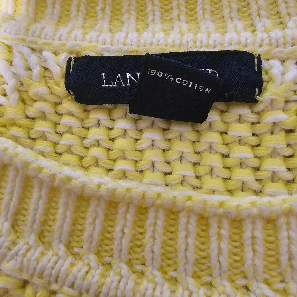 Lands End Sweater Women L Yellow White Honeycomb Chunky Cable Knit Cotton Preppy